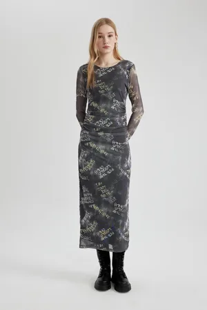 DeFacto Cool Bodycon Patterned Tulle Long Sleeve Maxi Dress