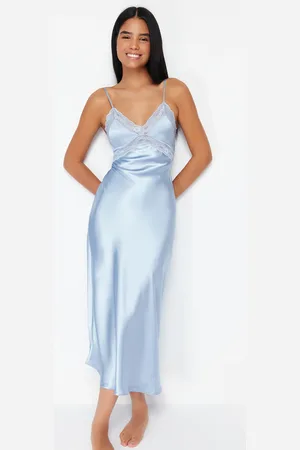 Trendyol Light Blue Lace Back Detailed Rope Strap Satin Woven Nightgown