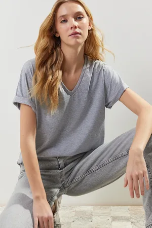Trendyol Gray Melange Oversize V-Neck Knitted T-Shirt