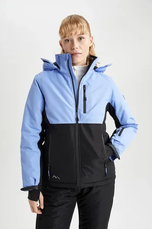 DeFacto Fit Water Repellent Ski Jacket Color Block Detachable Hood Fleece Lined Zippered Pockets