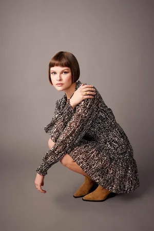 DeFacto V-neck Patterned Chiffon Mini Long Sleeve Dress
