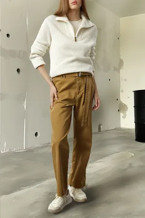 Trendyol Brown Belted High Waist Straight Jeans