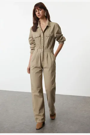 Trendyol Khaki Pocket Detailed Pleated Denim Overalls
