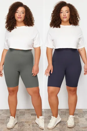 Trendyol Curve Navy Blue-Khaki High Waist 2-Pack Biker Short Length Ribbed Knit Plus Size Leggings