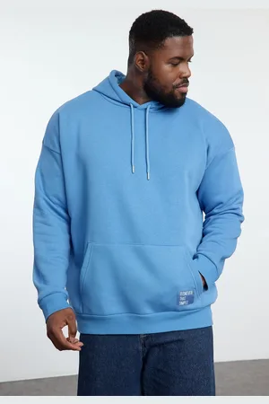 Trendyol Blue Plus Size Basic Comfortable Hooded Labeled Polar Fleece Inside Cotton Sweatshirt