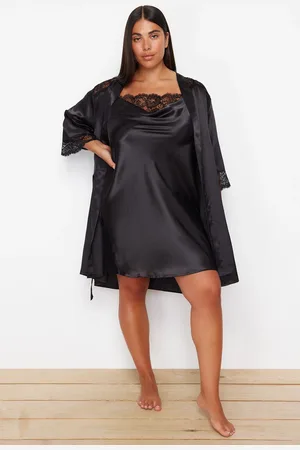 Trendyol Curve Black Lace Detailed Belted Satin Woven Dressing Gown