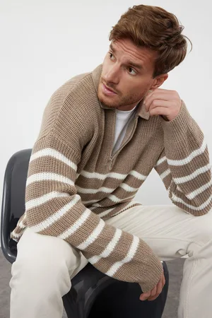 Trendyol Mink Casual Oversize Polo Collar Striped Knitwear Sweater