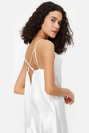 Trendyol Ecru Bride Degaje Collar Back Detailed Rope Strap Satin Woven Nightdress