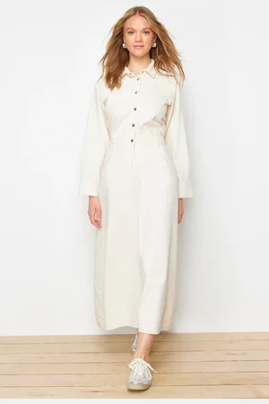 Trendyol Ecru Plain Shirt Dress Rigid Maxi Denim Modest Dress