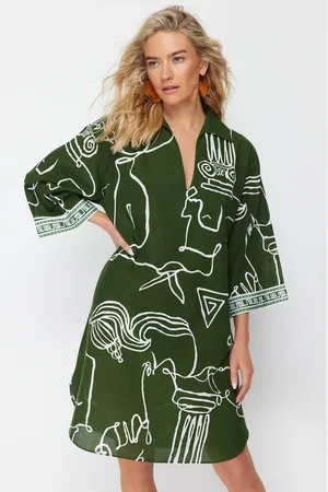 Trendyol Abstract Pattern Wide Fit Midi Woven 100% Cotton Beach Dress