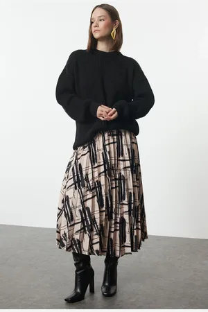 Trendyol Multicolored Patterned Pleated Satin Fabric Midi Length Woven Skirt