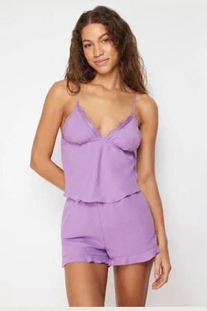 Trendyol Purple Lace and Ruffle Detail Woven Pajama Set with Rope Straps