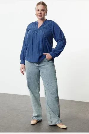 Trendyol Curve Indigo V Neck Long Sleeve Woven Plus Size Blouse