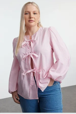 Trendyol Curve Pink Bow Tied Striped Long Sleeve Woven Plus Size Shirt