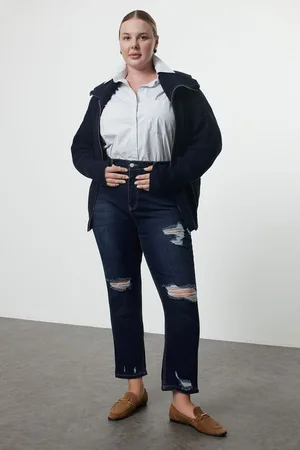 Trendyol Curve Dark Blue High Waist Ripped Detail Skinny Plus Size Jeans