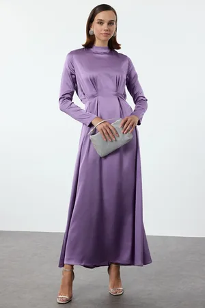 Trendyol Purple Waist Pleat Detailed Woven Satin Evening Dress