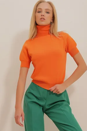 Trend Alacati stili Dámské Oranžový Rolák Krátký rukáv Základní pletený svetr