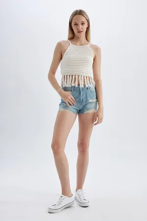 DeFacto High Waist Ripped Detailed Jean Shorts