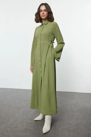 Trendyol Green Tie Waist Button Woven Shirt Dress