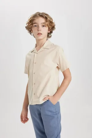 DeFacto Boy Oversize Wide Pattern Polo Collar Seersucker Textured Short Sleeve Shirt