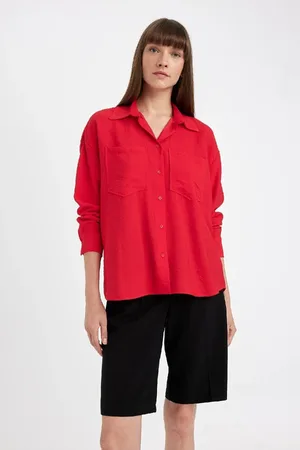 DeFacto Oversize Fit Wide Mold Shirt Collar Basic Plain Red Long Sleeve Shirt