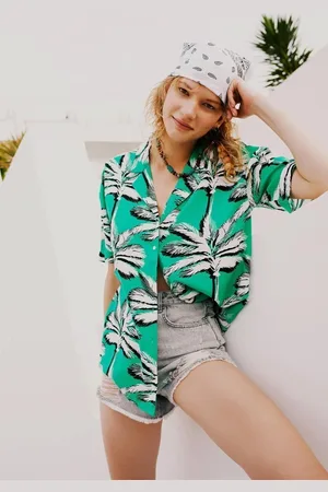 DeFacto Oversize Patterned Pajama Collar Short Sleeve Shirt