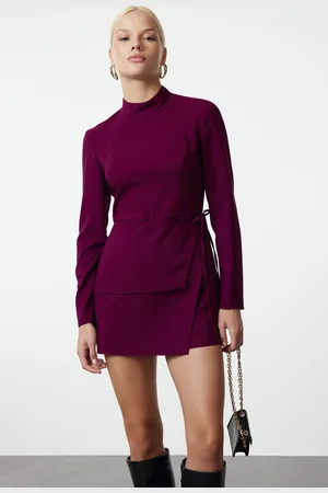 Trendyol Mini Woven Shorts Skirt Jumpsuit with Plum Tie Detail