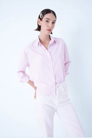 DeFacto Oversize Wide Fit Striped Collar Beaded Oxford Long Sleeve Shirt