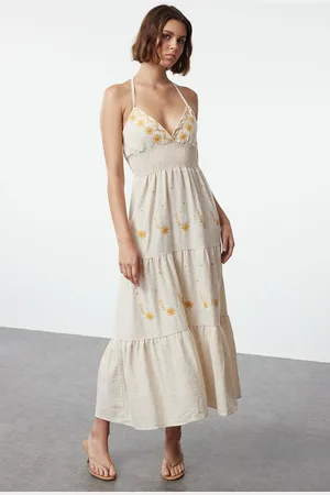 Trendyol Stone Floral Embroidered Midi Woven Dress