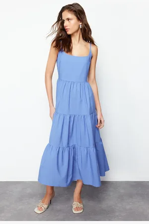 Trendyol Indigo Skirt Waist Opening Cotton Blend Maxi Woven Dress
