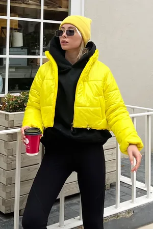 Trend Alacati stili Dámské světle žluté s vysokým výstřihem s dvojitou kapsou s elastickým pasem puffer puffer kabát
