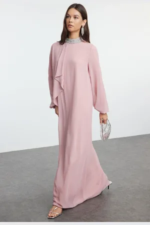 Trendyol Pink Stone Embroidered Lined Chiffon Woven Evening Dress
