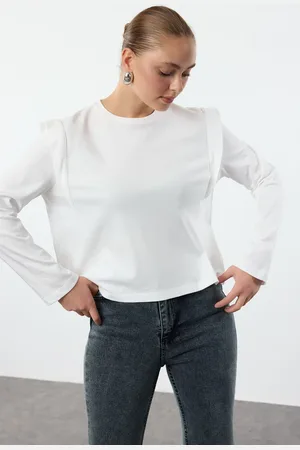 Trendyol Ecru 100% Cotton Padded Look Basic Crew Neck Knitted T-Shirt
