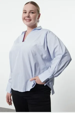 Trendyol Curve Blue White Striped Basic Long Sleeve Elastic Back Woven Plus Size Blouse