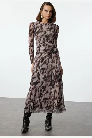 Trendyol Brown Printed Gather/Drape Maxi Knit Dress