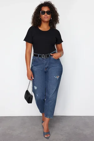 Trendyol Curve Black Camisole 100% Cotton Ribbed Knit Plus Size Blouse