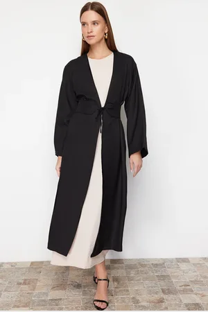 Trendyol Black Linen Look Woven Kimono & Kaftan with Tie-Up Detail on the Waist
