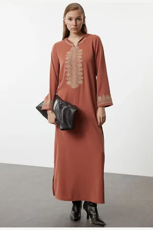 Trendyol Woven Kaftan with Cinnamon Hood and Embroidery Detail