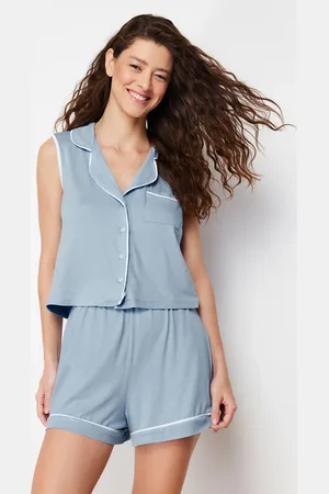Trendyol Blue Piping Viscose Knitted Pajamas Set
