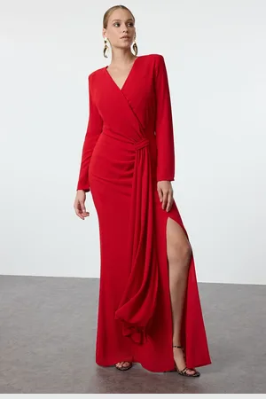 Trendyol Red Double Breasted Crepe Woven Long Elegant Evening Dress