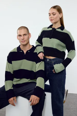 Trendyol Multicolored Casual Regular Couple/Double Polo Collar Striped Knitwear Sweater