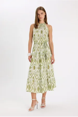 DeFacto A-Line Barter Neck Patterned Crinkle Fabric Belted Sleeveless Maxi Dress