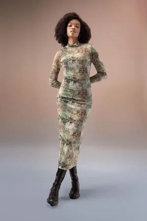 DeFacto Bodycon Body-hugging Half Turtleneck Patterned Tulle Long Sleeve Maxi Dress