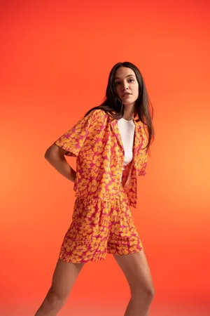 DeFacto Coool Relax Fit Floral Pajamas Collar Short Sleeve Shirt