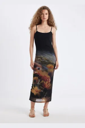 DeFacto Bodycon Bodycon Strappy Patterned Tulle Maxi Dress