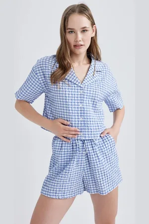 DeFacto Cool Oversize Pajama Collar Crinkle Gingham Short Sleeve Shirt