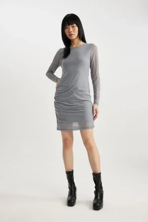 DeFacto Bodycon Body-hugging Basic Plain Crew Neck Tulle Long Sleeve Mini Dress