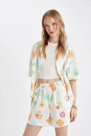 DeFacto Coool Oversize Fit Patterned Pajama Collar Short Sleeve Shirt