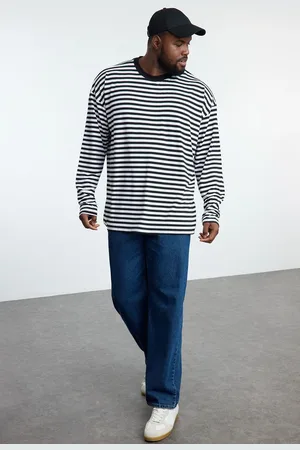 Trendyol Plus Size Black Oversize/Wide Cut Striped Long Sleeve T-Shirt