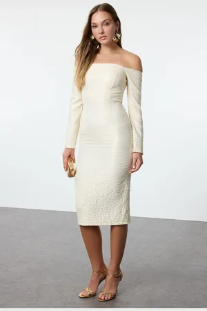 Trendyol Gold Carmen Collar Woven Chic Midi Evening Dress